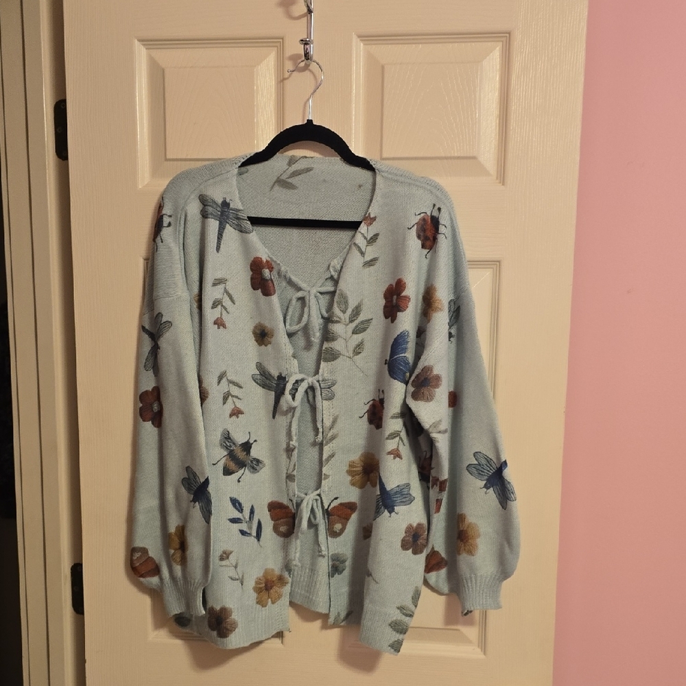 SHEIN‎ Blue Floral Cardigan with Tie Front
